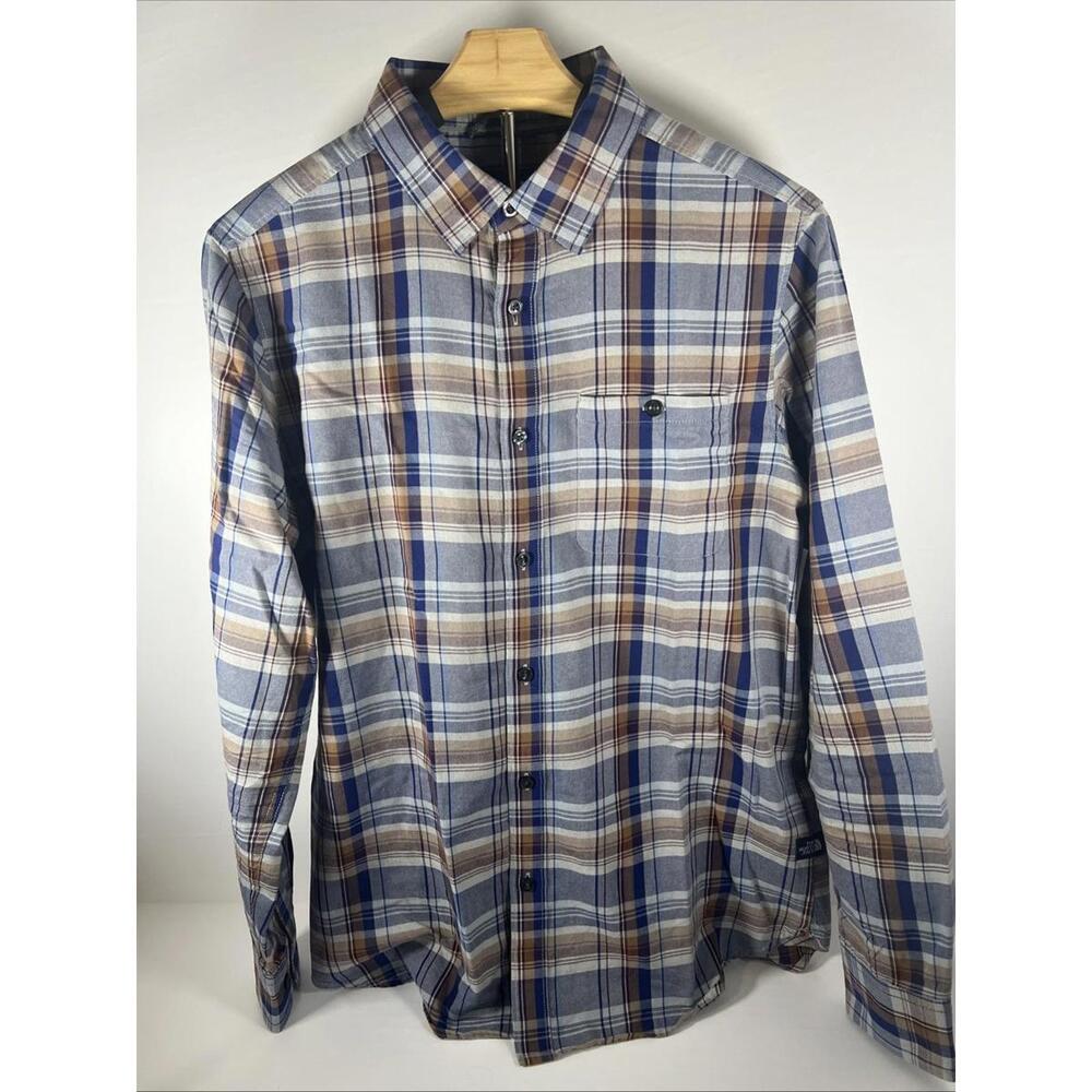 The North Face Blue & Tan Plaid Button Down w/ Pocket Mens Medium Organic Cotton